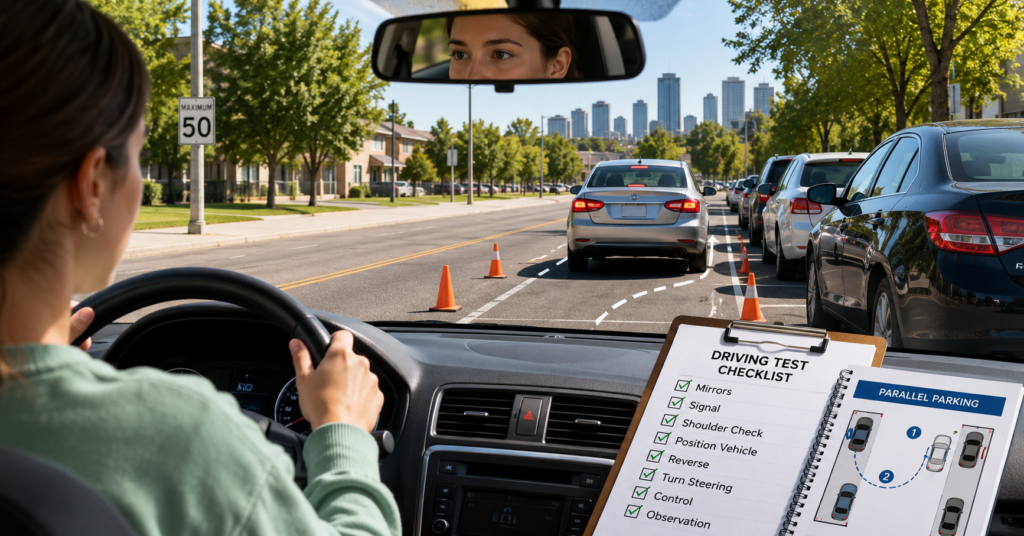 Student practicing parallel parking during Driving Test Edmonton preparation
